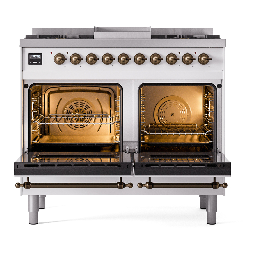 ILVE UPD40FNMPWHBLP Nostalgie II 40 inch Dual Fuel Range with Double Ovens, 6 Burners and Griddle (Liquid Propane, Triple Glass Door, White, Burnished) 6 ILVE UPD40FNMPWHBLP Nostalgie II 40" Dual Fuel Range, oven doors opened