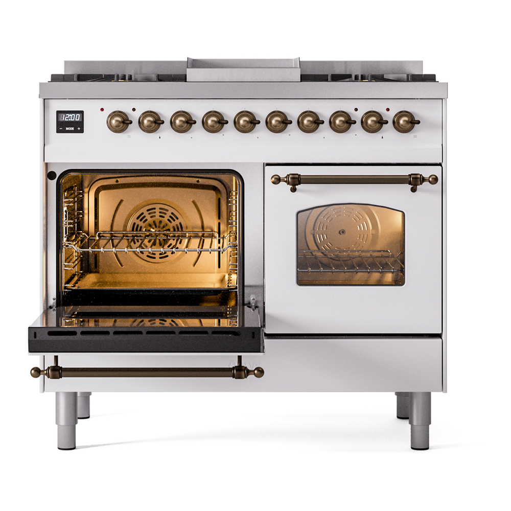 ILVE UPD40FNMPWHBLP Nostalgie II 40 inch Dual Fuel Range with Double Ovens, 6 Burners and Griddle (Liquid Propane, Triple Glass Door, White, Burnished) 7 ILVE UPD40FNMPWHBLP Nostalgie II 40" Dual Fuel Range, main oven door opened