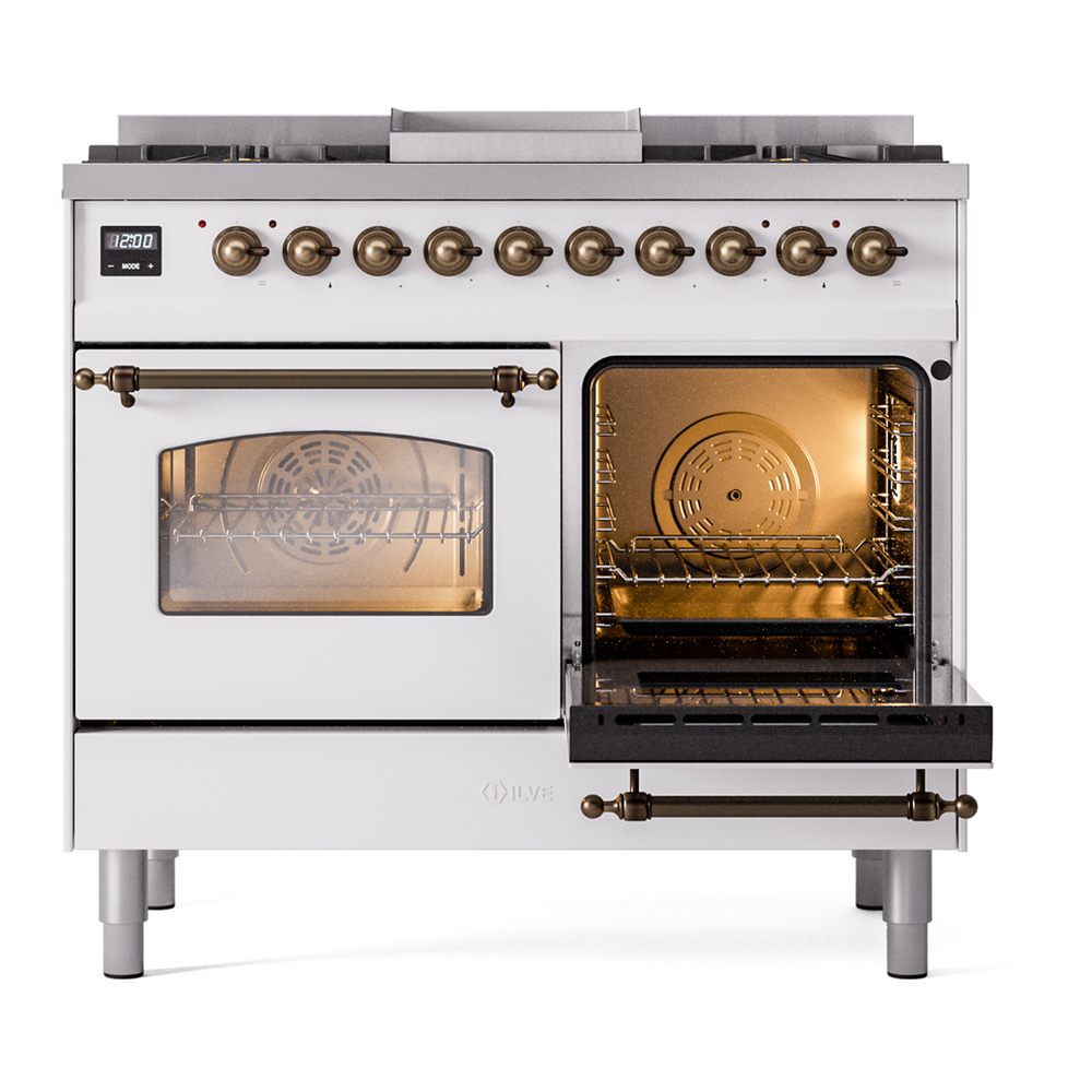 ILVE UPD40FNMPWHBLP Nostalgie II 40 inch Dual Fuel Range with Double Ovens, 6 Burners and Griddle (Liquid Propane, Triple Glass Door, White, Burnished) 8 ILVE UPD40FNMPWHBLP Nostalgie II 40" Dual Fuel Range, side oven door opened