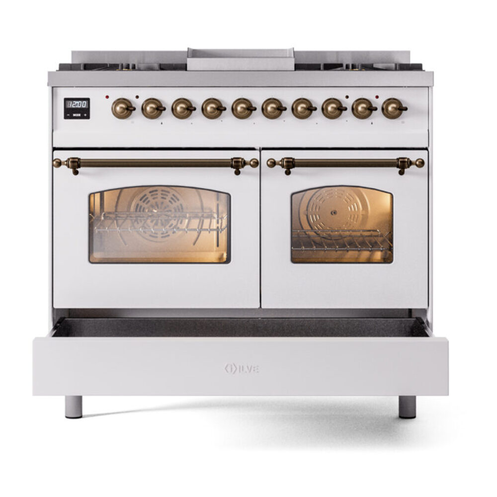 ILVE UPD40FNMPWHBLP Nostalgie II 40" Dual Fuel Range, drawer opened