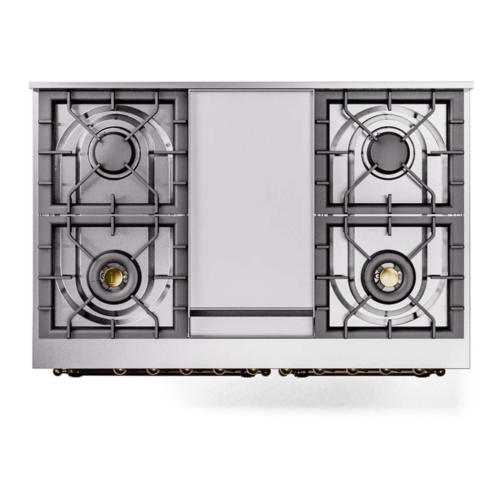 ILVE UPD40FNMPWHBLP Nostalgie II 40 inch Dual Fuel Range with Double Ovens, 6 Burners and Griddle (Liquid Propane, Triple Glass Door, White, Burnished) 11 ILVE UPD40FNMPWHBLP Nostalgie II 40" Dual Fuel Range, top view
