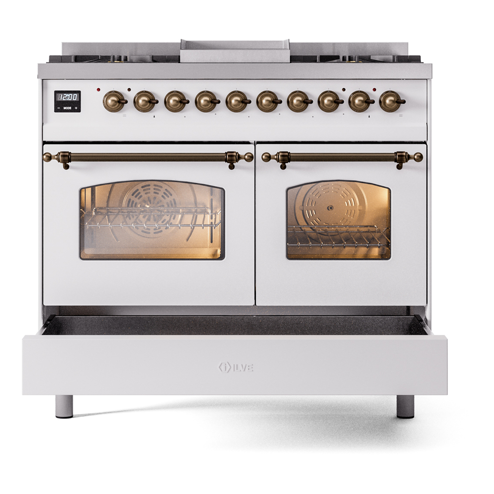 ILVE UPD40FNMPWHB Nostalgie II 40" Dual Fuel Range, drawer opened