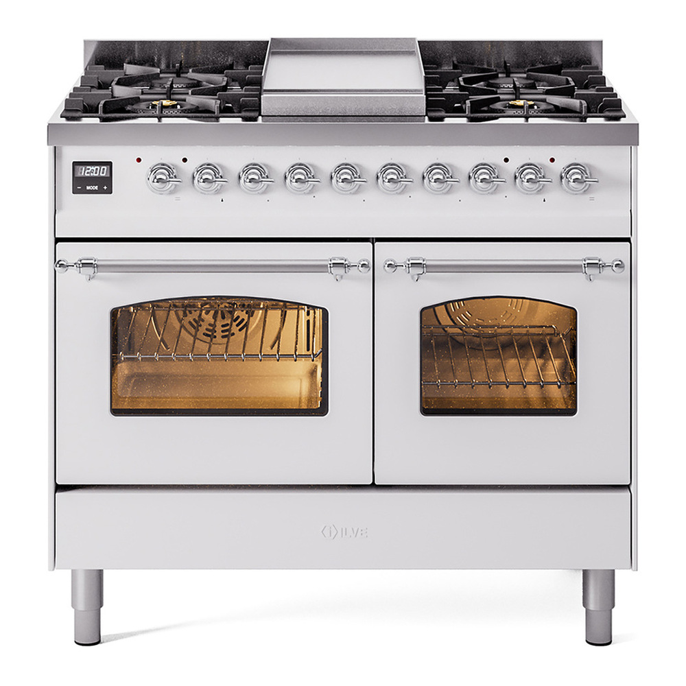 ILVE UPD40FNMPWHCLP Nostalgie II 40 inch Dual Fuel Range with Double Ovens, 6 Burners and Griddle (Liquid Propane, Triple Glass Door, White, Chrome) 1 UPD40FNMPWHCLP
