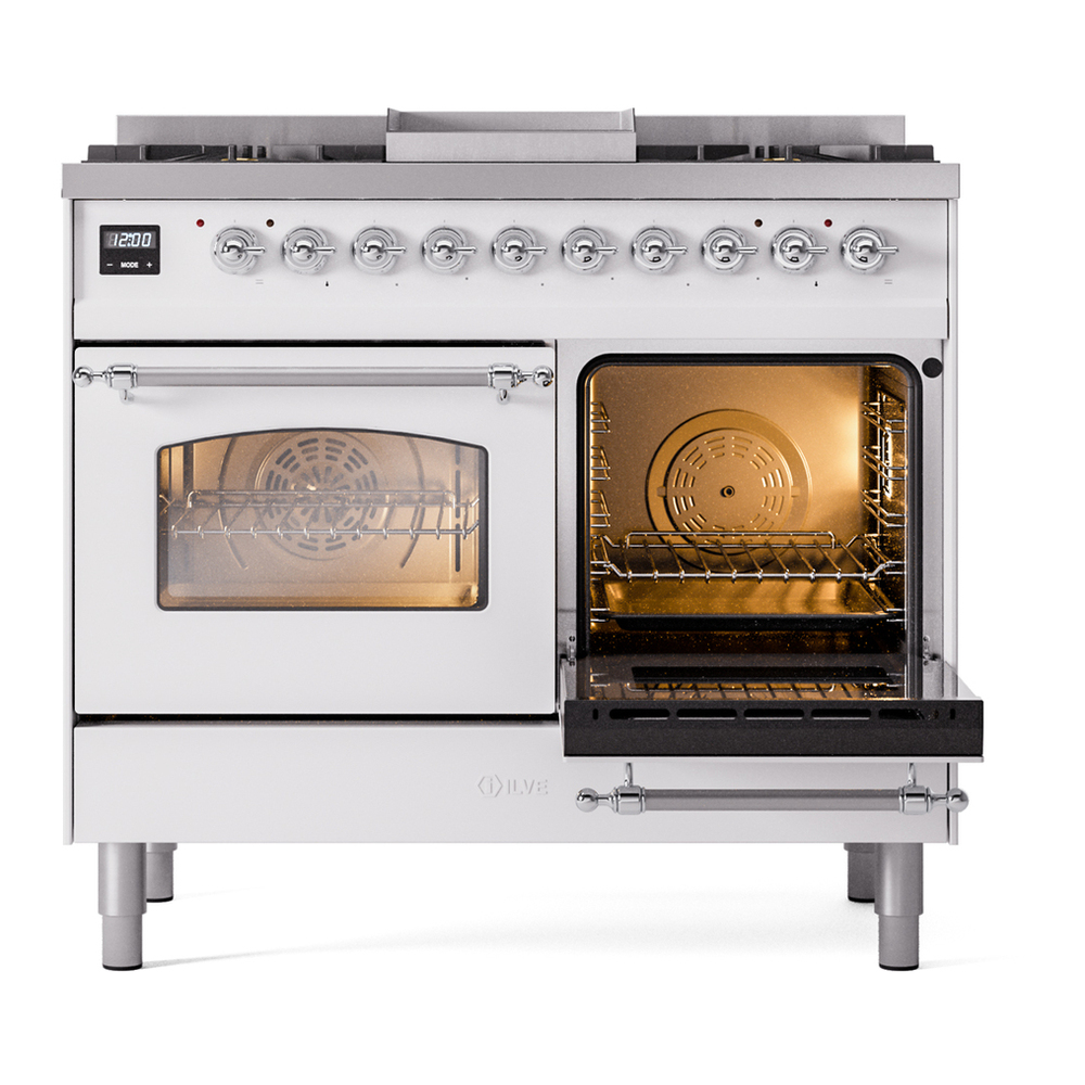 ILVE UPD40FNMPWHCLP Nostalgie II 40 inch Dual Fuel Range with Double Ovens, 6 Burners and Griddle (Liquid Propane, Triple Glass Door, White, Chrome) 8 ILVE UPD40FNMPWHCLP Nostalgie II 40" Dual Fuel Range, side oven door opened
