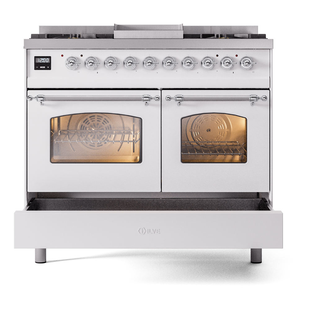 ILVE UPD40FNMPWHCLP Nostalgie II 40" Dual Fuel Range, drawer opened