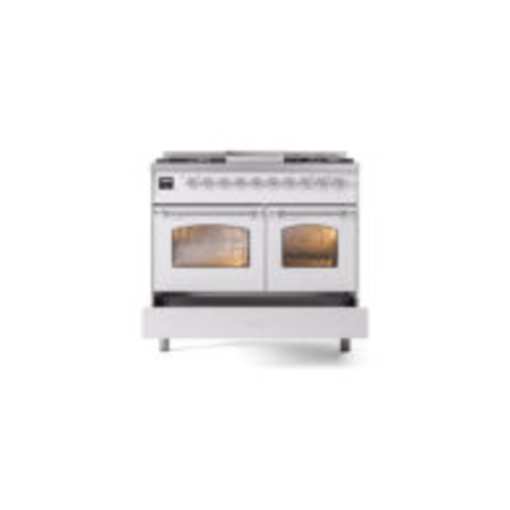ILVE UPD40FNMPWHCLP Nostalgie II 40" Dual Fuel Range, drawer opened
