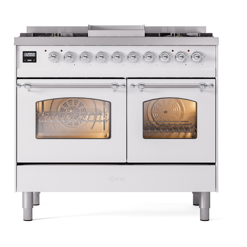 ILVE UPD40FNMPWHC Nostalgie II 40 inch Dual Fuel Range with Double Ovens, 6 Burners and Griddle (Natural Gas, Triple Glass Door, White, Chrome) 5 ILVE UPD40FNMPWHC Nostalgie II 40" Dual Fuel Range, front view