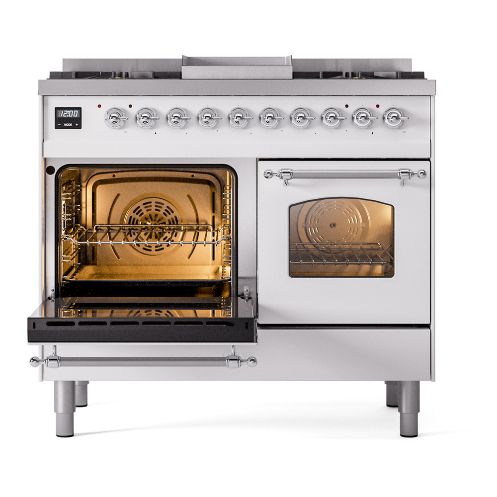 ILVE UPD40FNMPWHC Nostalgie II 40 inch Dual Fuel Range with Double Ovens, 6 Burners and Griddle (Natural Gas, Triple Glass Door, White, Chrome) 7 ILVE UPD40FNMPWHC Nostalgie II 40" Dual Fuel Range, main oven door opened
