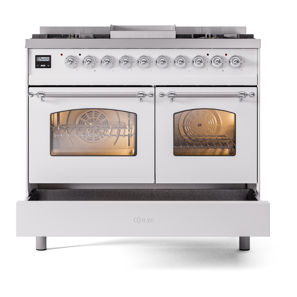 ILVE UPD40FNMPWHC Nostalgie II 40 inch Dual Fuel Range with Double Ovens, 6 Burners and Griddle (Natural Gas, Triple Glass Door, White, Chrome) 9 ILVE UPD40FNMPWHC Nostalgie II 40" Dual Fuel Range, drawer opened