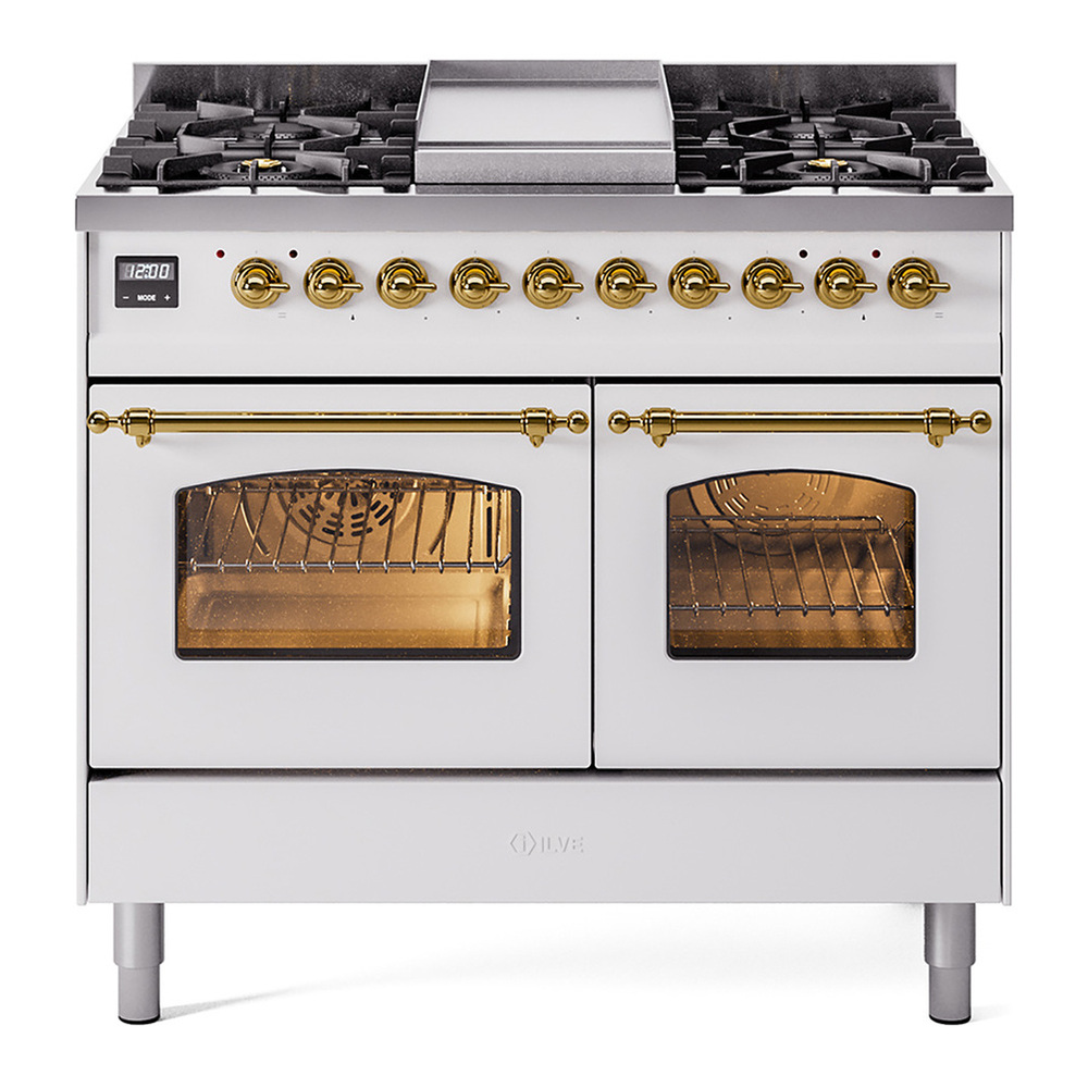 ILVE UPD40FNMPWHGLP Nostalgie II 40 inch Dual Fuel Range with Double Ovens, 6 Burners and Griddle (Liquid Propane, Triple Glass Door, White, Brass)
