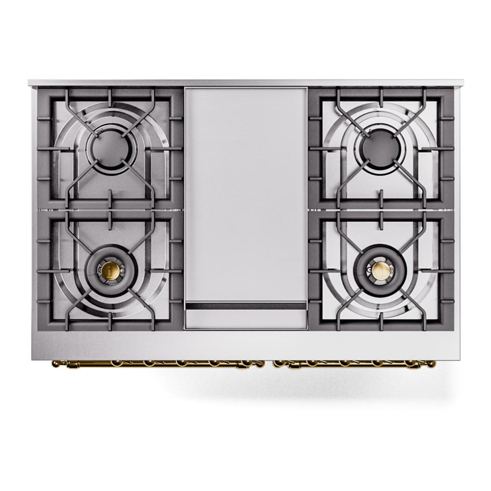 ILVE UPD40FNMPWHGLP Nostalgie II 40 inch Dual Fuel Range with Double Ovens, 6 Burners and Griddle (Liquid Propane, Triple Glass Door, White, Brass) 11 ILVE UPD40FNMPWHGLP Nostalgie II 40" Dual Fuel Range, top view