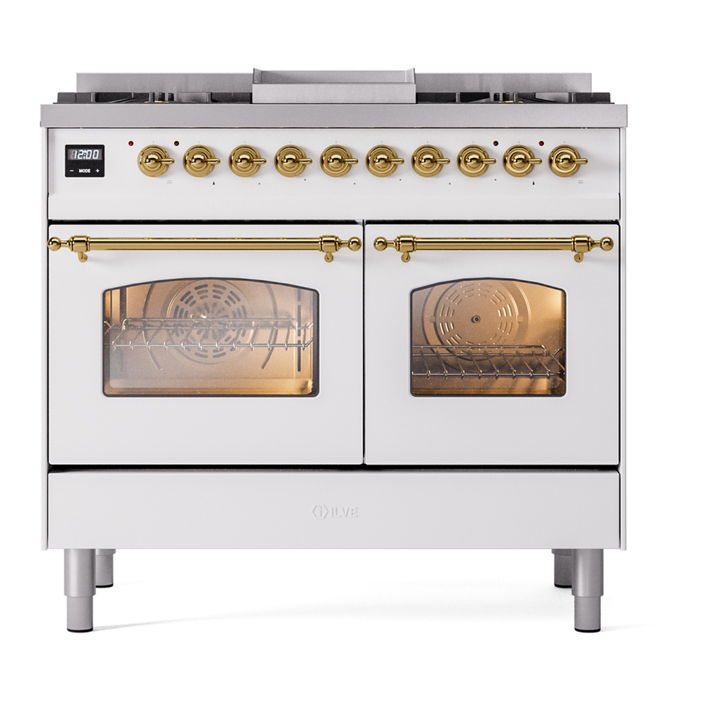 ILVE UPD40FNMPWHG Nostalgie II 40 inch Dual Fuel Range with Double Ovens, 6 Burners and Griddle (Natural Gas, Triple Glass Door, White, Brass) 5 ILVE UPD40FNMPWHG Nostalgie II 40" Dual Fuel Range, front view