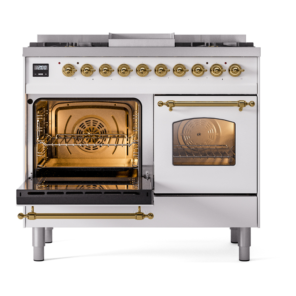 ILVE UPD40FNMPWHG Nostalgie II 40 inch Dual Fuel Range with Double Ovens, 6 Burners and Griddle (Natural Gas, Triple Glass Door, White, Brass) 7 ILVE UPD40FNMPWHG Nostalgie II 40" Dual Fuel Range, main oven door opened
