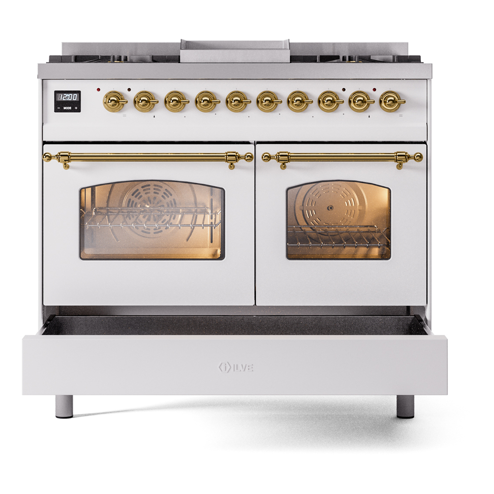 ILVE UPD40FNMPWHG Nostalgie II 40" Dual Fuel Range, drawer opened