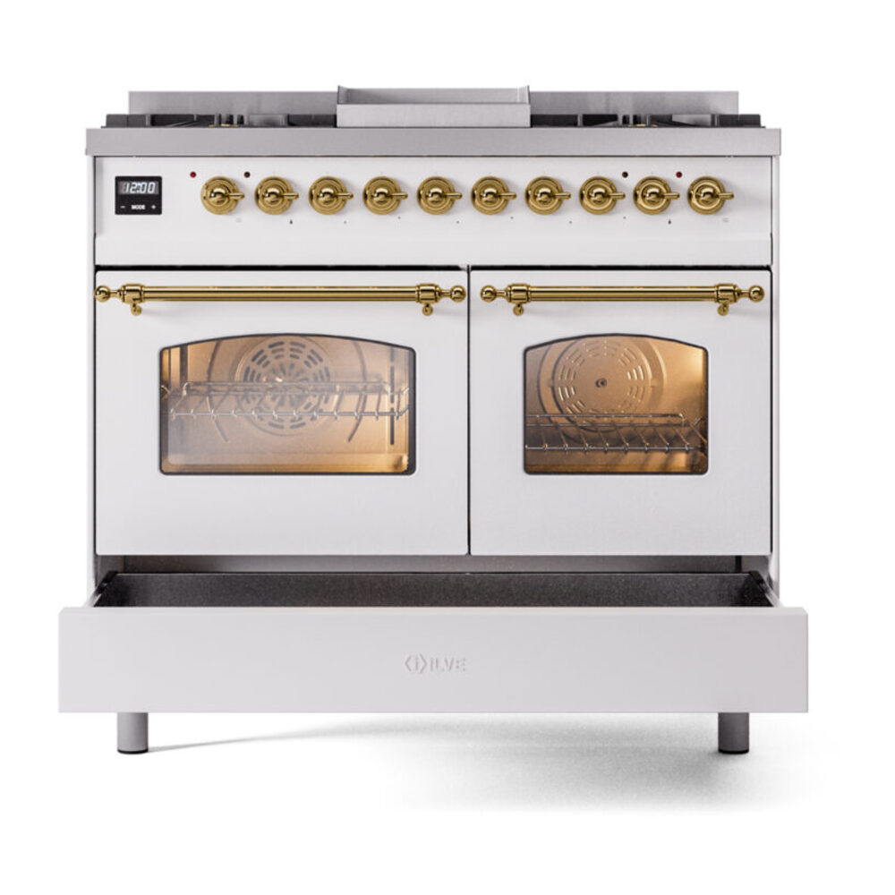 ILVE UPD40FNMPWHG Nostalgie II 40" Dual Fuel Range, drawer opened