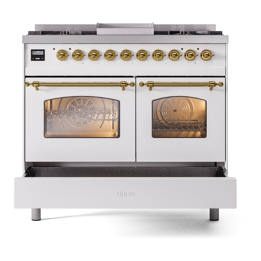 ILVE UPD40FNMPWHG Nostalgie II 40 inch Dual Fuel Range with Double Ovens, 6 Burners and Griddle (Natural Gas, Triple Glass Door, White, Brass) 9 ILVE UPD40FNMPWHG Nostalgie II 40" Dual Fuel Range, drawer opened