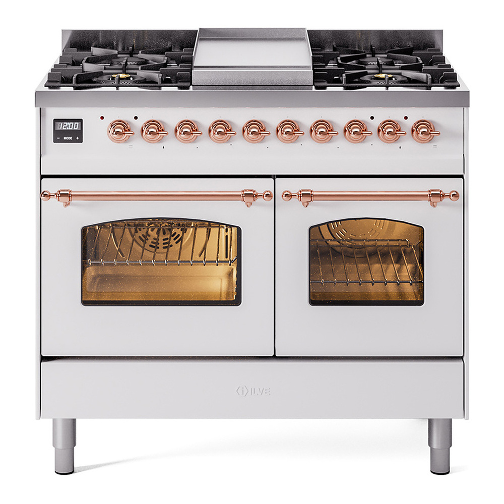 ILVE UPD40FNMPWHPLP Nostalgie II 40 inch Dual Fuel Range with Double Ovens, 6 Burners and Griddle (Liquid Propane, Triple Glass Door, White, Copper) 1 UPD40FNMPWHPLP
