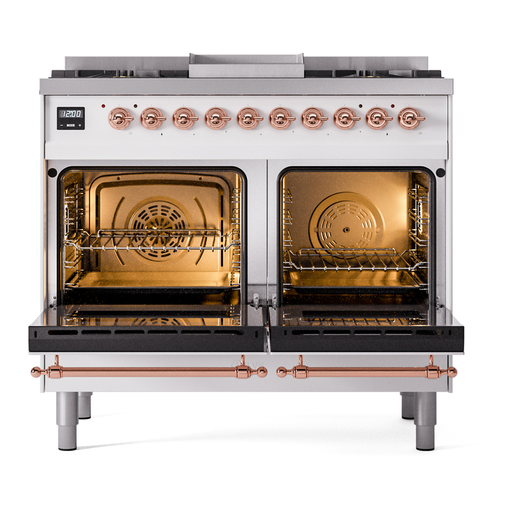 ILVE UPD40FNMPWHPLP Nostalgie II 40 inch Dual Fuel Range with Double Ovens, 6 Burners and Griddle (Liquid Propane, Triple Glass Door, White, Copper) 6 ILVE UPD40FNMPWHPLP Nostalgie II 40" Dual Fuel Range, oven doors opened