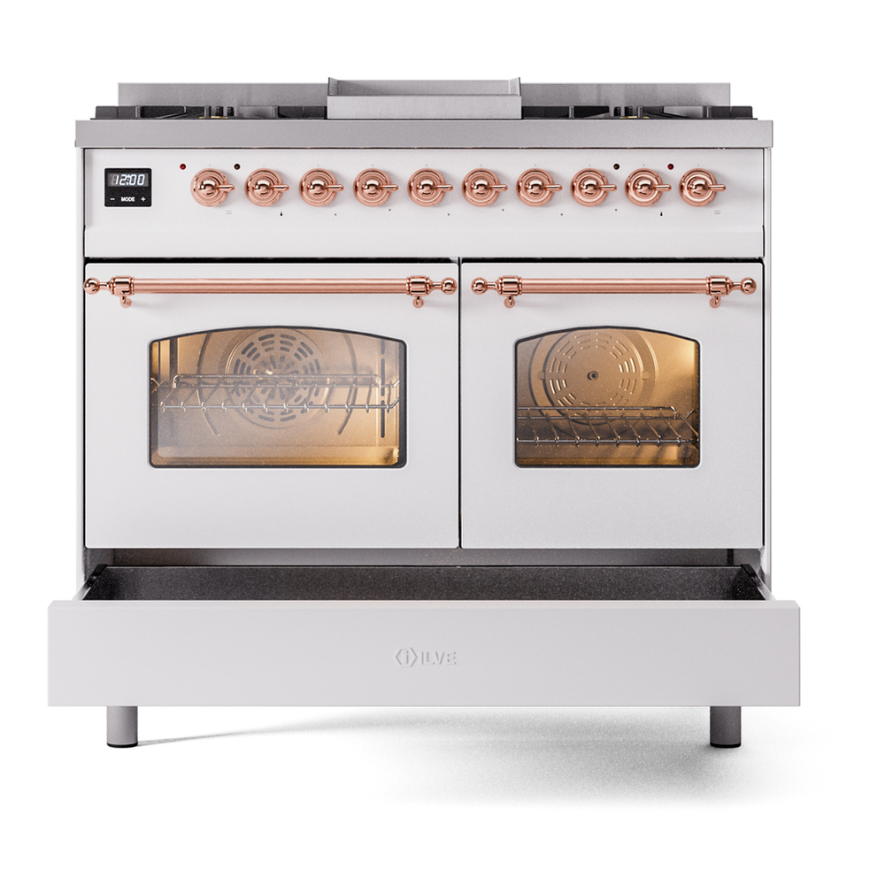 ILVE UPD40FNMPWHPLP Nostalgie II 40 inch Dual Fuel Range with Double Ovens, 6 Burners and Griddle (Liquid Propane, Triple Glass Door, White, Copper) 9 ILVE UPD40FNMPWHPLP Nostalgie II 40" Dual Fuel Range, drawer opened