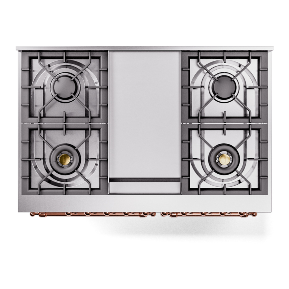 ILVE UPD40FNMPWHPLP Nostalgie II 40 inch Dual Fuel Range with Double Ovens, 6 Burners and Griddle (Liquid Propane, Triple Glass Door, White, Copper) 11 ILVE UPD40FNMPWHPLP Nostalgie II 40" Dual Fuel Range, top view