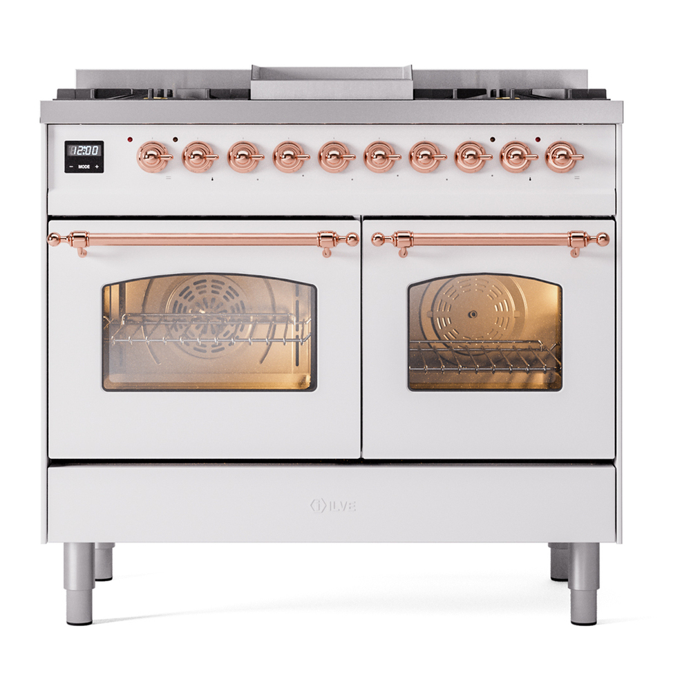 ILVE UPD40FNMPWHP Nostalgie II 40 inch Dual Fuel Range with Double Ovens, 6 Burners and Griddle (Natural Gas, Triple Glass Door, White, Copper) 5 ILVE UPD40FNMPWHP Nostalgie II 40" Dual Fuel Range, front view