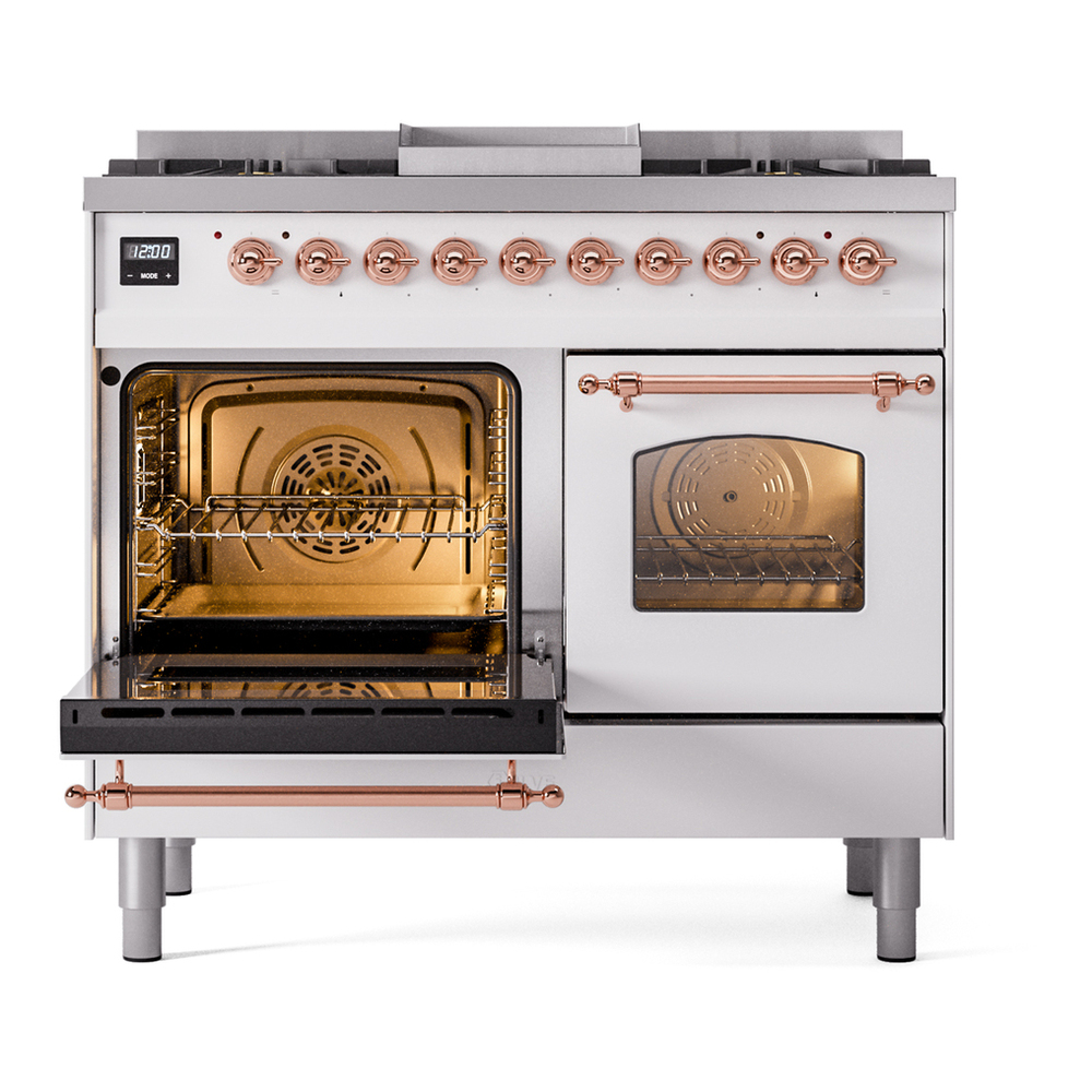 ILVE UPD40FNMPWHP Nostalgie II 40 inch Dual Fuel Range with Double Ovens, 6 Burners and Griddle (Natural Gas, Triple Glass Door, White, Copper) 7 ILVE UPD40FNMPWHP Nostalgie II 40" Dual Fuel Range, main oven door opened