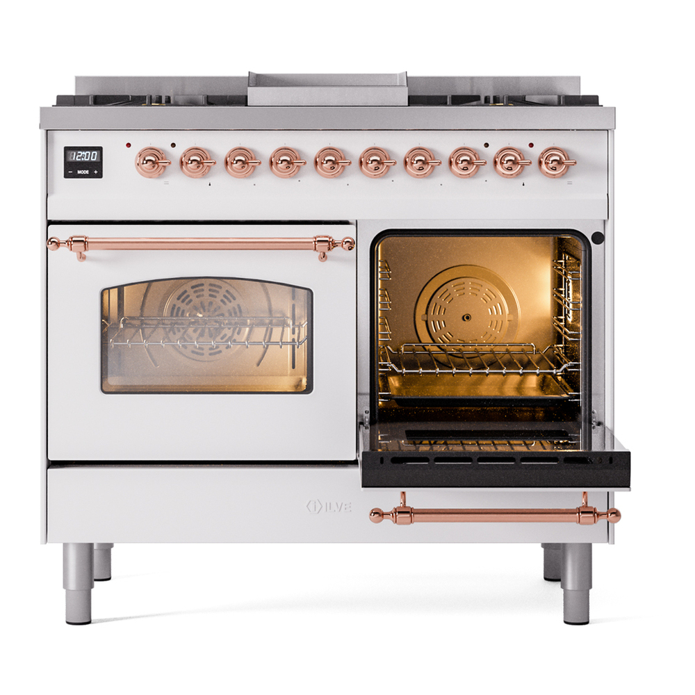 ILVE UPD40FNMPWHP Nostalgie II 40 inch Dual Fuel Range with Double Ovens, 6 Burners and Griddle (Natural Gas, Triple Glass Door, White, Copper) 8 ILVE UPD40FNMPWHP Nostalgie II 40" Dual Fuel Range, side oven door opened