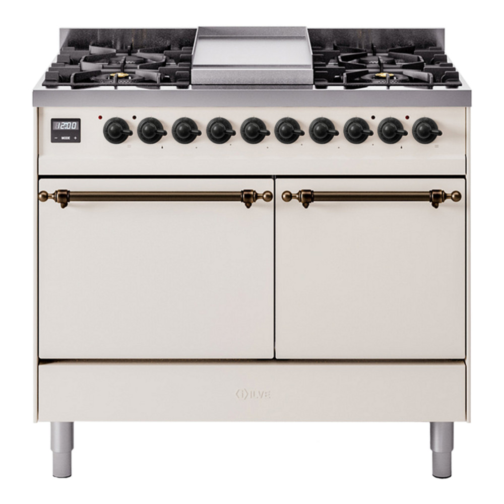 ILVE UPD40FQNMPAWBLP Nostalgie II 40 inch Dual Fuel Range with Double Ovens, 6 Burners and Griddle (Liquid Propane, Solid Door, Antique White, Burnished) 1 UPD40FQNMPAWBLP