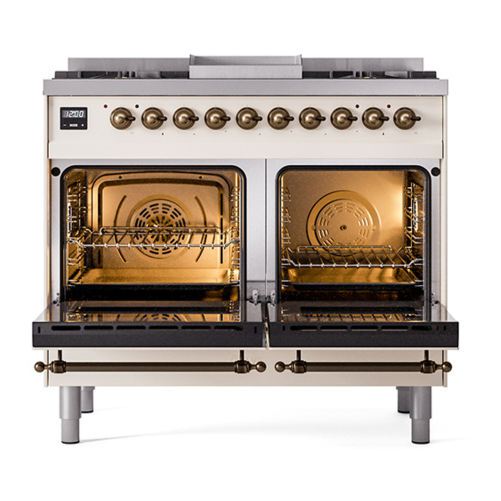 ILVE UPD40FQNMPAWB Nostalgie II 40 inch Dual Fuel Range with Double Ovens, 6 Burners and Griddle (Natural Gas, Solid Door, Antique White, Burnished) 5 ILVE_UPD40FQNMPAWB_Nostalgie_II_oven_door_opened