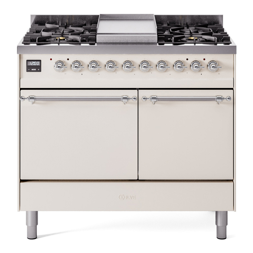 ILVE UPD40FQNMPAWCLP Nostalgie II 40 inch Dual Fuel Range with Double Ovens, 6 Burners and Griddle (Liquid Propane, Solid Door, Antique White, Chrome) 1 UPD40FQNMPAWCLP