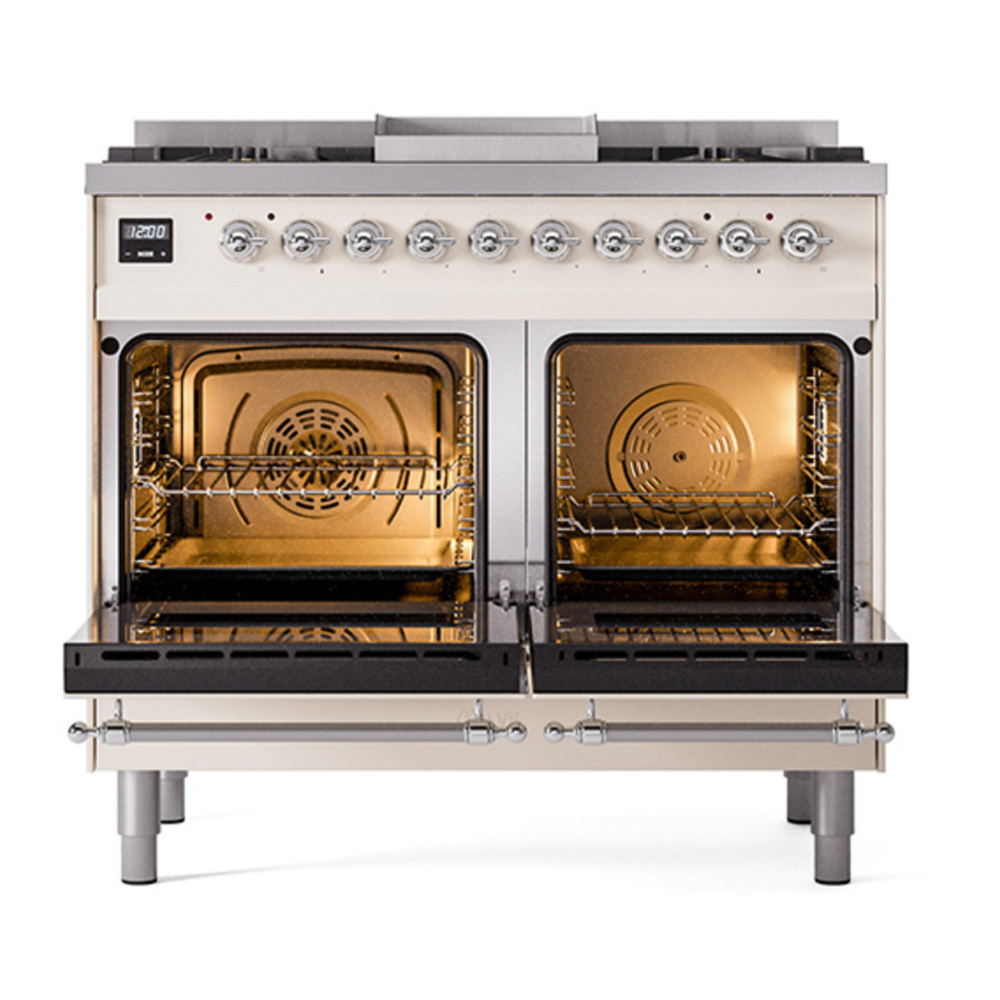 ILVE UPD40FQNMPAWC Nostalgie II 40 inch Dual Fuel Range with Double Ovens, 6 Burners and Griddle (Natural Gas, Solid Door, Antique White, Chrome) 4 ILVE_UPD40FQNMPAWC_Nostalgie_II_oven_door_opened