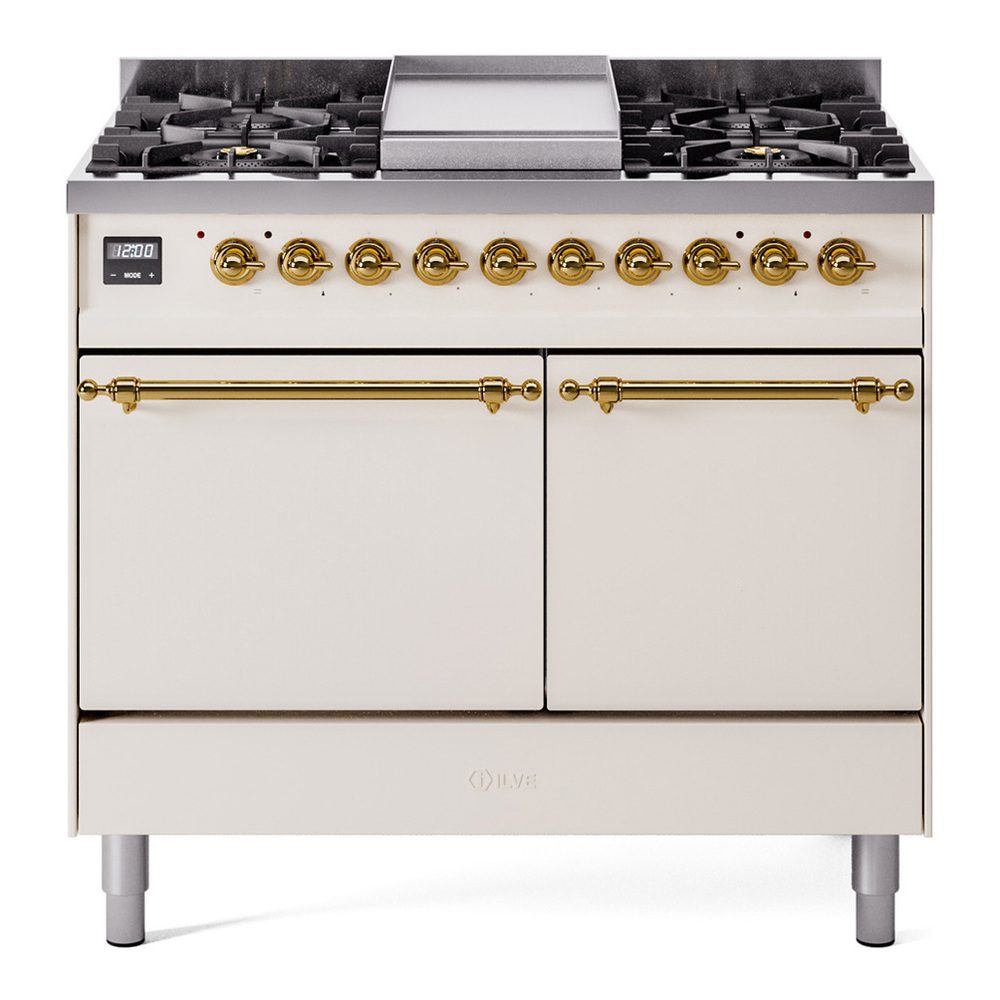 ILVE UPD40FQNMPAWGLP Nostalgie II 40 inch Dual Fuel Range with Double Ovens, 6 Burners and Griddle (Liquid Propane, Solid Door, Antique White, Brass) 1 UPD40FQNMPAWGLP