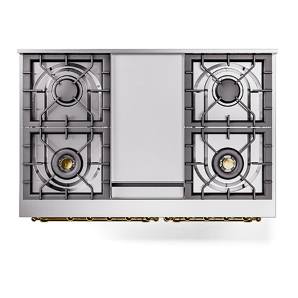 ILVE UPD40FQNMPAWGLP Nostalgie II 40 inch Dual Fuel Range with Double Ovens, 6 Burners and Griddle (Liquid Propane, Solid Door, Antique White, Brass) 6 ILVE_UPD40FQNMPAWGLP_Nostalgie_II_top_view