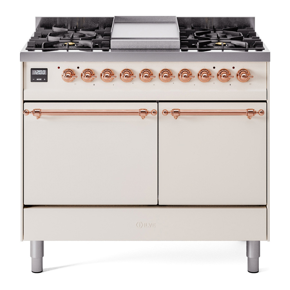 ILVE UPD40FQNMPAWP Nostalgie II 40 inch Dual Fuel Range with Double Ovens, 6 Burners and Griddle (Natural Gas, Solid Door, Antique White, Copper) 1 UPD40FQNMPAWP