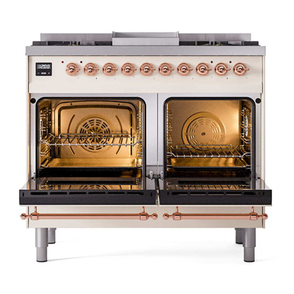 ILVE UPD40FQNMPAWP Nostalgie II 40 inch Dual Fuel Range with Double Ovens, 6 Burners and Griddle (Natural Gas, Solid Door, Antique White, Copper) 5 ILVE_UPD40FQNMPAWP_Nostalgie_II_oven_door_opened
