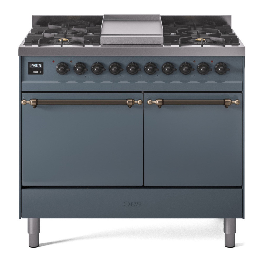 ILVE UPD40FQNMPBGBLP Nostalgie II 40 inch Dual Fuel Range with Double Ovens, 6 Burners and Griddle (Liquid Propane, Solid Door, Blue Grey, Burnished) 1 UPD40FQNMPBGBLP