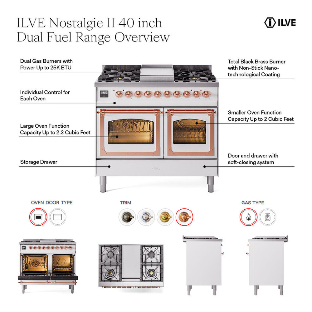 ILVE UPD40FQNMPBGBLP Nostalgie II 40 inch Dual Fuel Range with Double Ovens, 6 Burners and Griddle (Liquid Propane, Solid Door, Blue Grey, Burnished) 2 ILVE UPD40FNMP Nostalgie II 40 inch Dual Fuel Range with Double Ovens, 6 Burners and Griddle