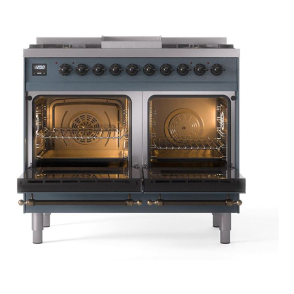 ILVE UPD40FQNMPBGBLP Nostalgie II 40 inch Dual Fuel Range with Double Ovens, 6 Burners and Griddle (Liquid Propane, Solid Door, Blue Grey, Burnished) 5 ILVE_UPD40FQNMPBGBLP_Nostalgie_II_oven_door_opened