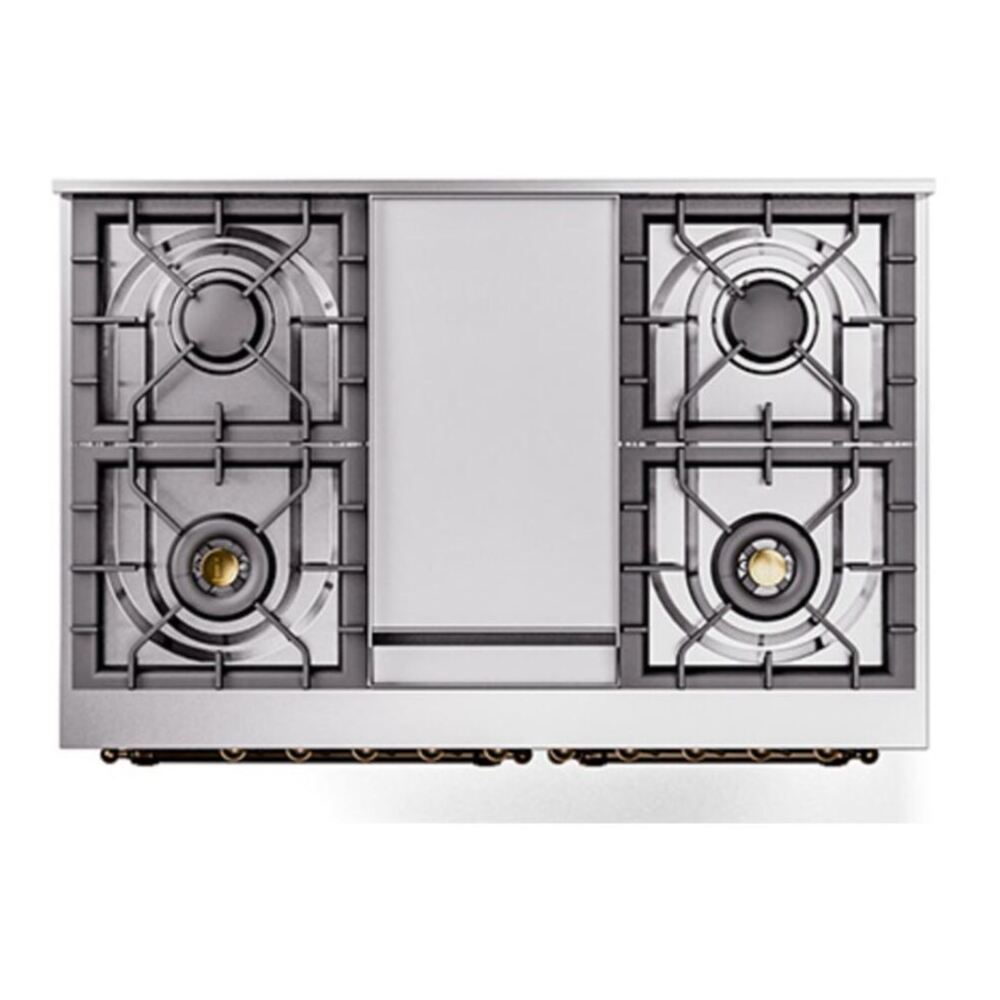 ILVE UPD40FQNMPBGBLP Nostalgie II 40 inch Dual Fuel Range with Double Ovens, 6 Burners and Griddle (Liquid Propane, Solid Door, Blue Grey, Burnished) 6 ILVE_UPD40FQNMPBGBLP_Nostalgie_II_top_view