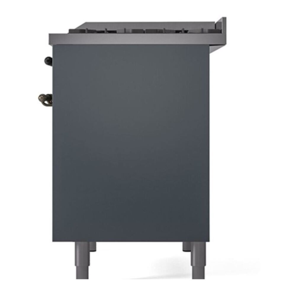 ILVE UPD40FQNMPBGBLP Nostalgie II 40 inch Dual Fuel Range with Double Ovens, 6 Burners and Griddle (Liquid Propane, Solid Door, Blue Grey, Burnished) 8 ILVE_UPD40FQNMPBGBLP_Nostalgie_II_Right_Angle