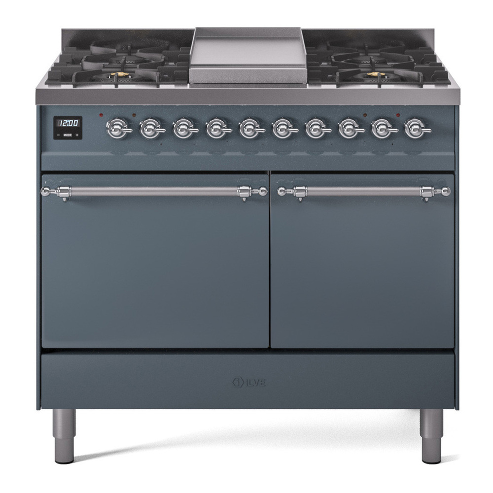 ILVE UPD40FQNMPBGCLP Nostalgie II 40 inch Dual Fuel Range with Double Ovens, 6 Burners and Griddle (Liquid Propane, Solid Door, Blue Grey, Chrome) 1 UPD40FQNMPBGCLP