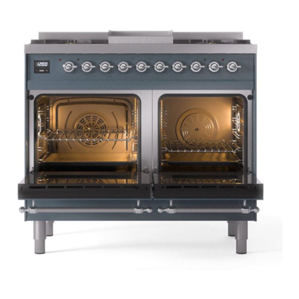 ILVE UPD40FQNMPBGC Nostalgie II 40 inch Dual Fuel Range with Double Ovens, 6 Burners and Griddle (Natural Gas, Solid Door, Blue Grey, Chrome) 5 ILVE_UPD40FQNMPBGC_Nostalgie_II_oven_door_opened