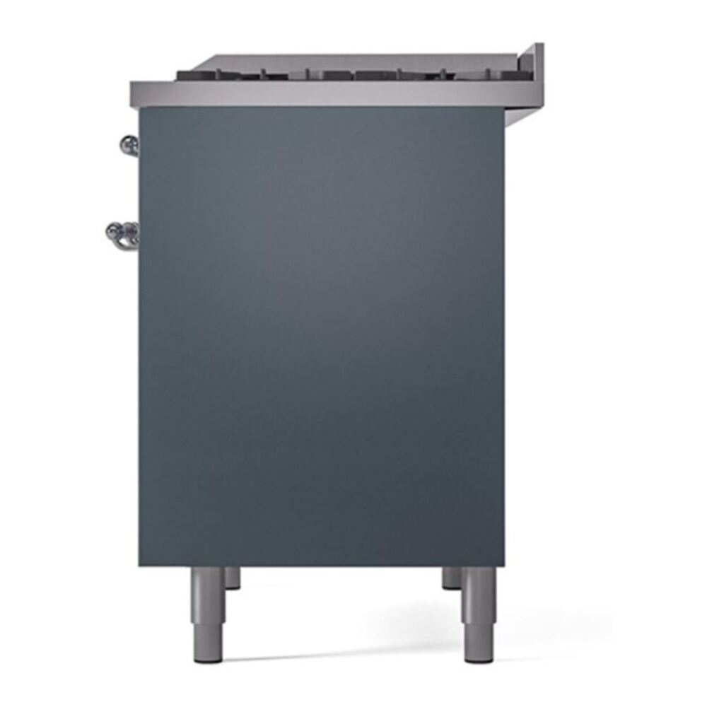 ILVE UPD40FQNMPBGC Nostalgie II 40 inch Dual Fuel Range with Double Ovens, 6 Burners and Griddle (Natural Gas, Solid Door, Blue Grey, Chrome) 8 ILVE_UPD40FQNMPBGC_Nostalgie_II_Right_Angle