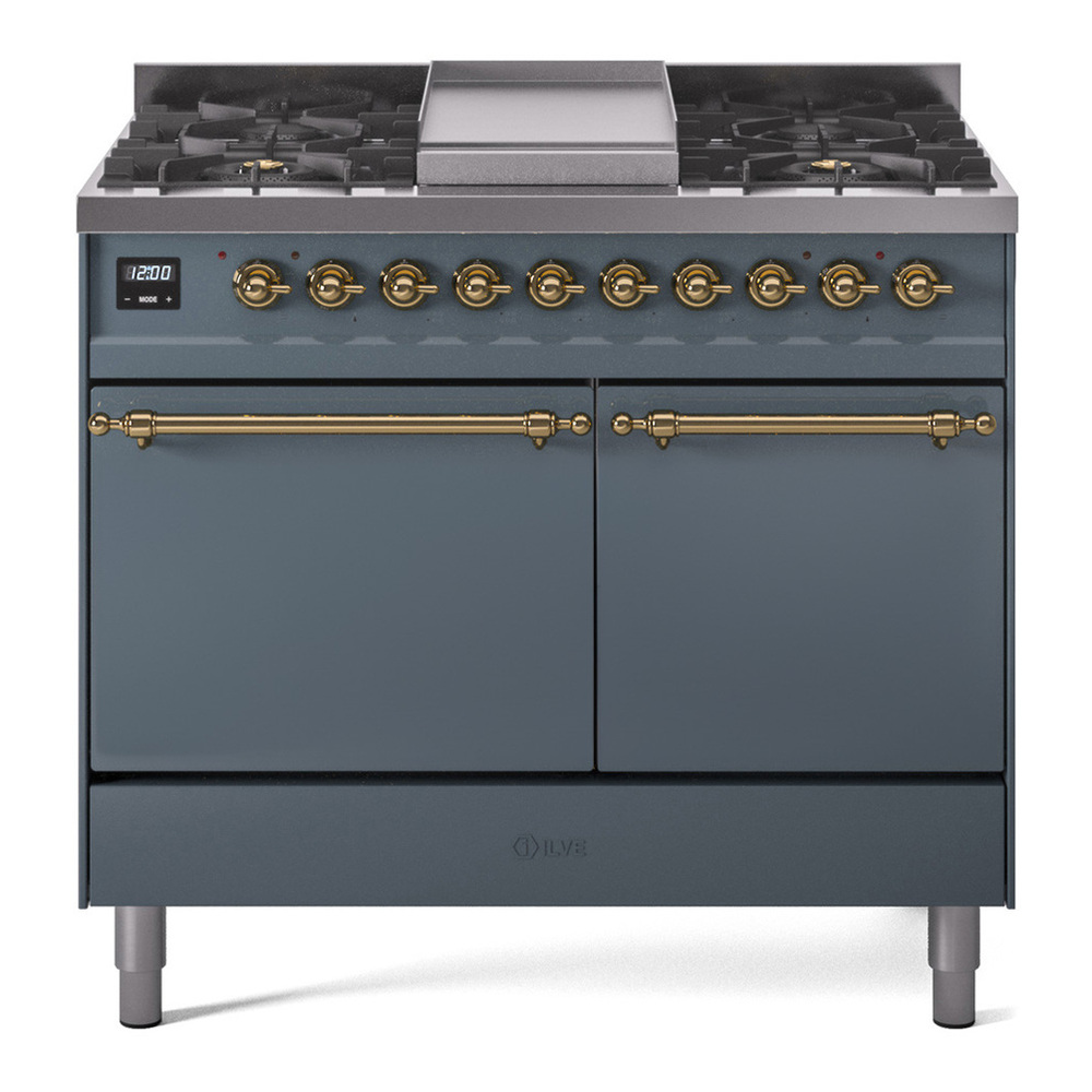 ILVE UPD40FQNMPBGG Nostalgie II 40 inch Dual Fuel Range with Double Ovens, 6 Burners and Griddle (Natural Gas, Solid Door, Blue Grey, Brass) 1 UPD40FQNMPBGG