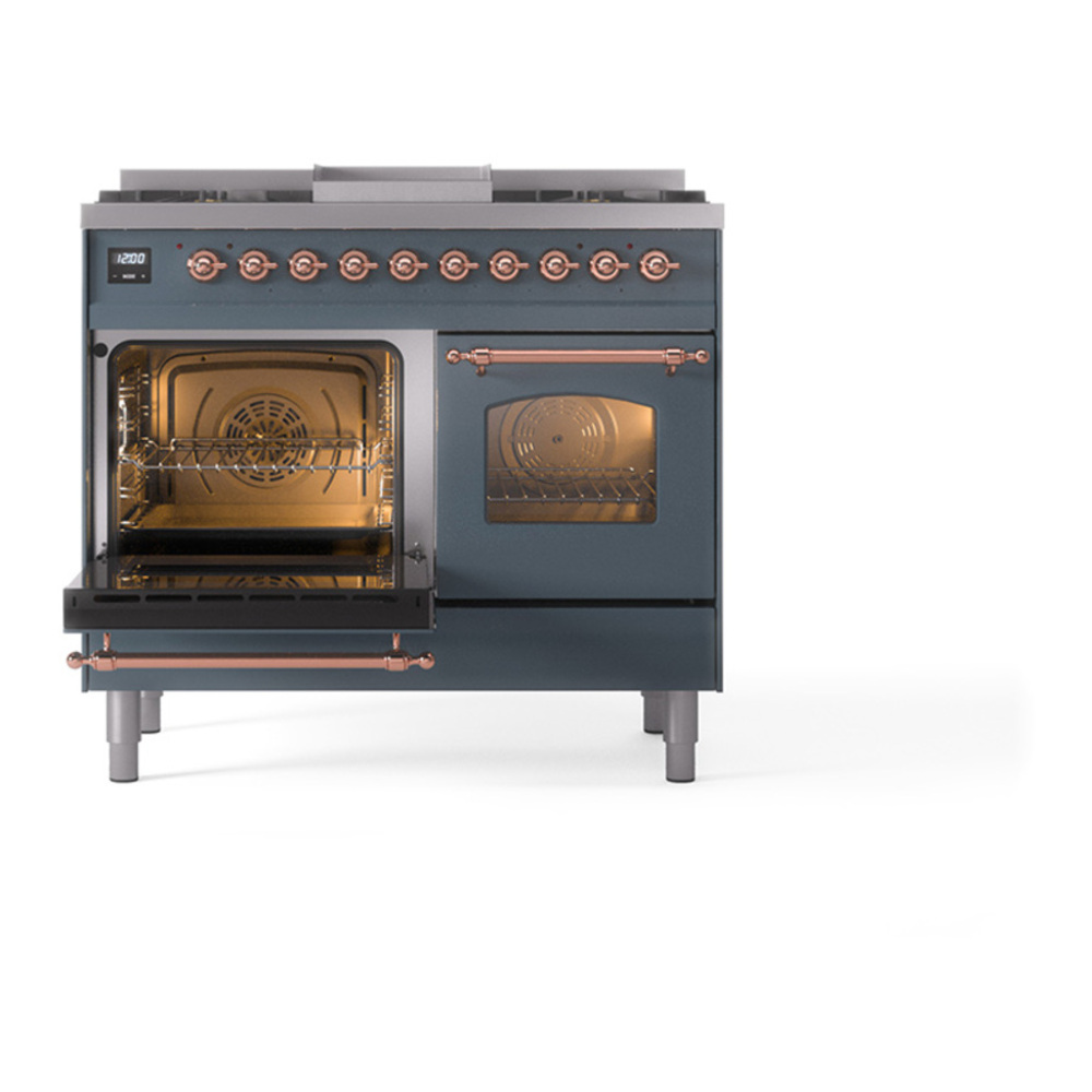 ILVE UPD40FQNMPBGPLP Nostalgie II 40 inch Dual Fuel Range with Double Ovens, 6 Burners and Griddle (Liquid Propane, Solid Door, Blue Grey, Copper) 5 ILVE_UPD40FQNMPBGPLP_Nostalgie_II_oven_door_opened