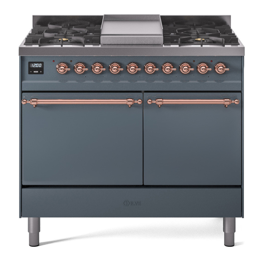 ILVE UPD40FQNMPBGP Nostalgie II 40 inch Dual Fuel Range with Double Ovens, 6 Burners and Griddle (Natural Gas, Solid Door, Blue Grey, Copper) 1 UPD40FQNMPBGP