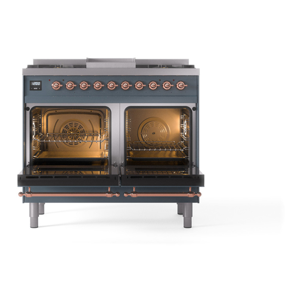 ILVE UPD40FQNMPBGP Nostalgie II 40 inch Dual Fuel Range with Double Ovens, 6 Burners and Griddle (Natural Gas, Solid Door, Blue Grey, Copper) 5 ILVE_UPD40FQNMPBGP_Nostalgie_II_oven_door_opened
