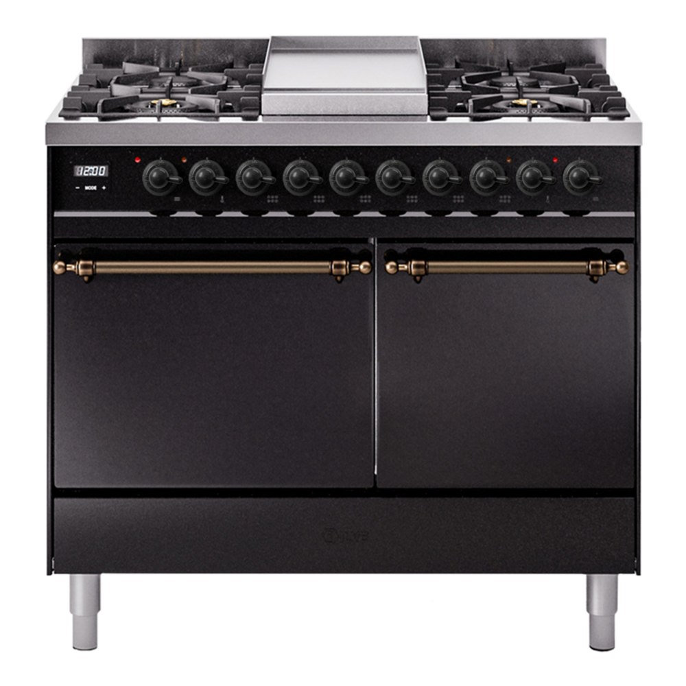 ILVE UPD40FQNMPBKBLP Nostalgie II 40 inch Dual Fuel Range with Double Ovens, 6 Burners and Griddle (Liquid Propane, Solid Door, Glossy Black, Burnished) 1 UPD40FQNMPBKBLP