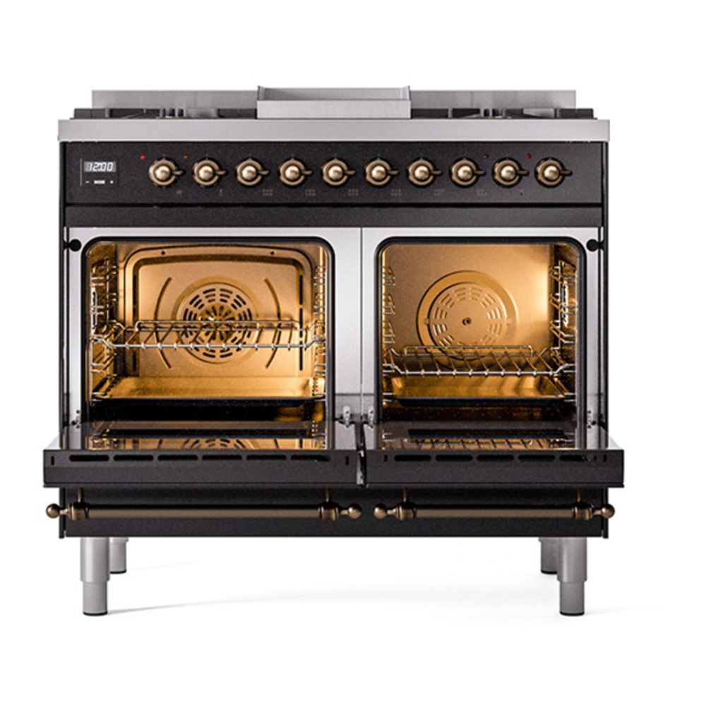 ILVE UPD40FQNMPBKBLP Nostalgie II 40 inch Dual Fuel Range with Double Ovens, 6 Burners and Griddle (Liquid Propane, Solid Door, Glossy Black, Burnished) 5 ILVE_UPD40FQNMPBKBLP_Nostalgie_II_oven_door_opened