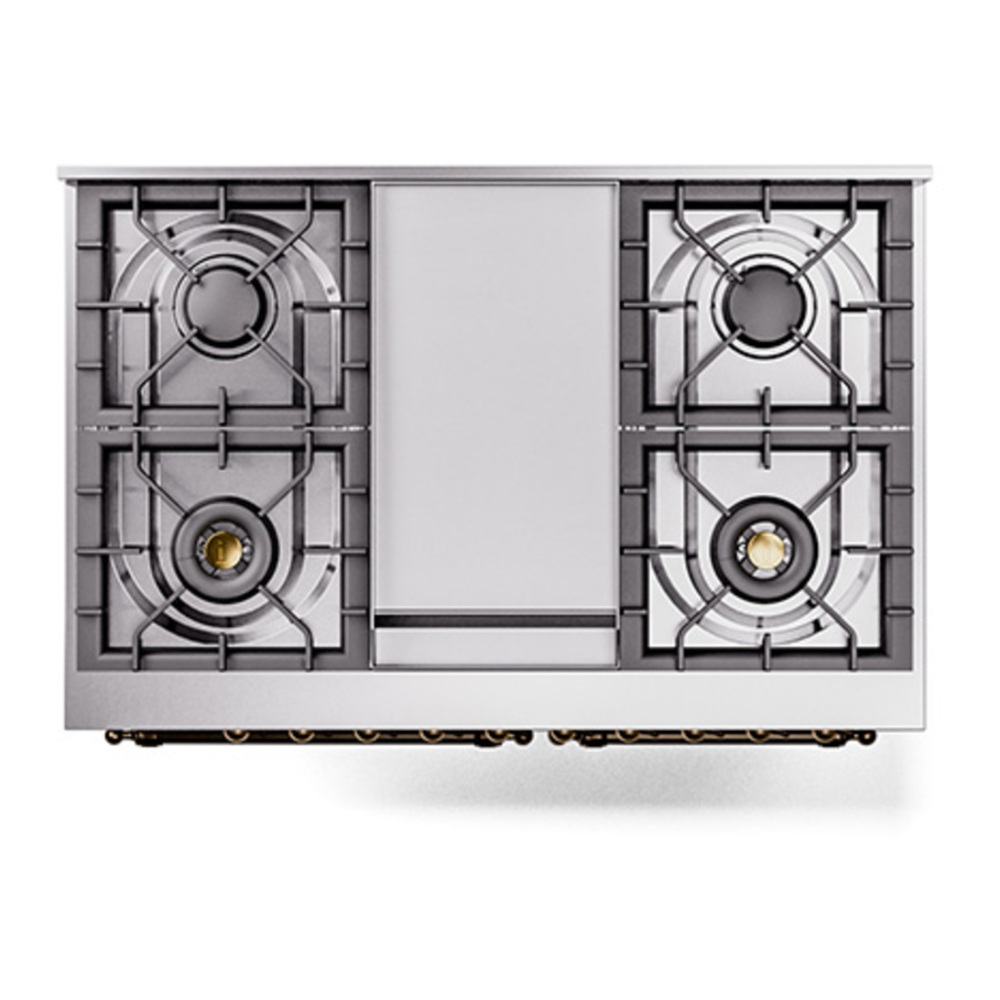 ILVE UPD40FQNMPBKBLP Nostalgie II 40 inch Dual Fuel Range with Double Ovens, 6 Burners and Griddle (Liquid Propane, Solid Door, Glossy Black, Burnished) 6 ILVE_UPD40FQNMPBKBLP_Nostalgie_II_top_view